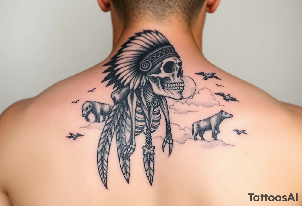 Traditional cherokee chief skeleton with spirit animals in the sky and moon and hazy clouds in the backdrop tattoo idea