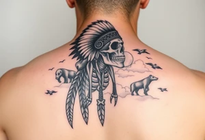 Traditional cherokee chief skeleton with spirit animals in the sky and moon and hazy clouds in the backdrop tattoo idea