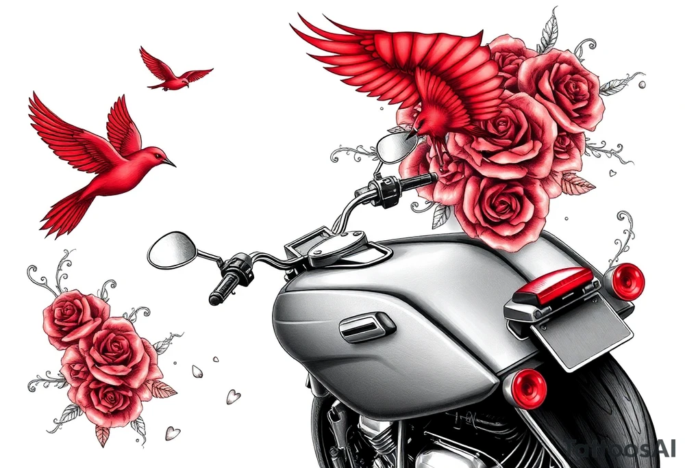 Harley grey motorcycle driving away, two red birds flying, roses and lace, flames tattoo idea