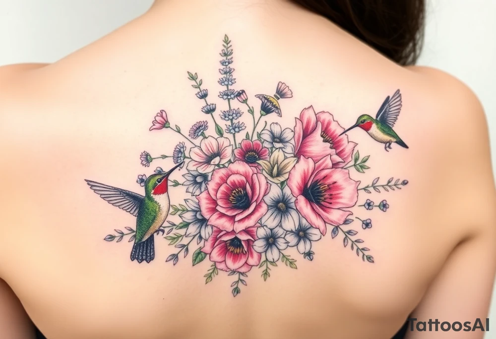 Bouquet of flowers With A carnation, Aster, rose, Lily, two Larkspur,  narciussus, And two hummingbirds tattoo idea