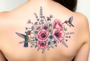 Bouquet of flowers With A carnation, Aster, rose, Lily, two Larkspur,  narciussus, And two hummingbirds tattoo idea