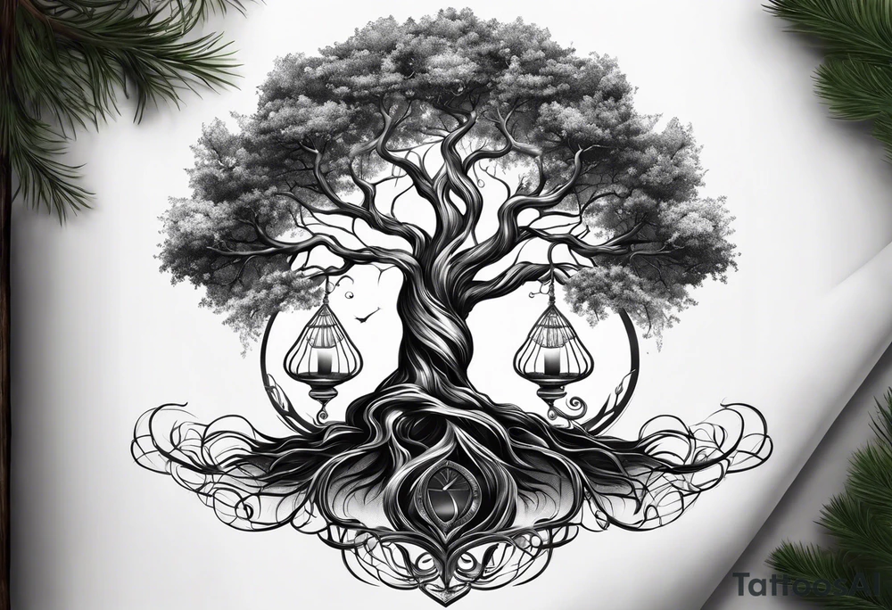 tree with the roots of the tree wrapped around a hour glass tattoo idea