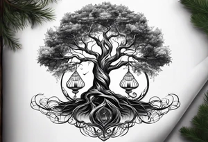 tree with the roots of the tree wrapped around a hour glass tattoo idea
