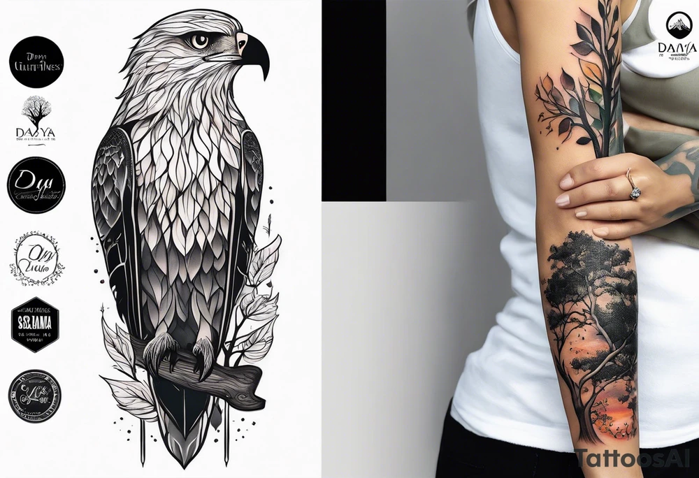 Small norma arm tattoo. Black kite (Daya's name), nature (trees/sea), small sunflower. Soft colours tattoo idea