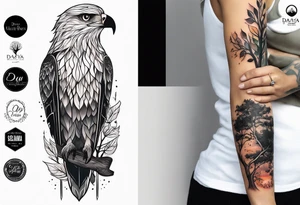 Small norma arm tattoo. Black kite (Daya's name), nature (trees/sea), small sunflower. Soft colours tattoo idea