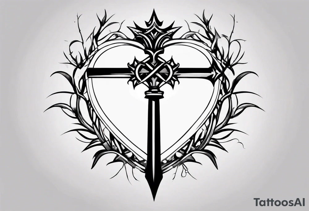 A simple design of a crown of thorns resting on the guard of a sword that is piercing a heart tattoo idea