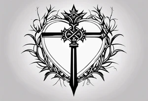 A simple design of a crown of thorns resting on the guard of a sword that is piercing a heart tattoo idea