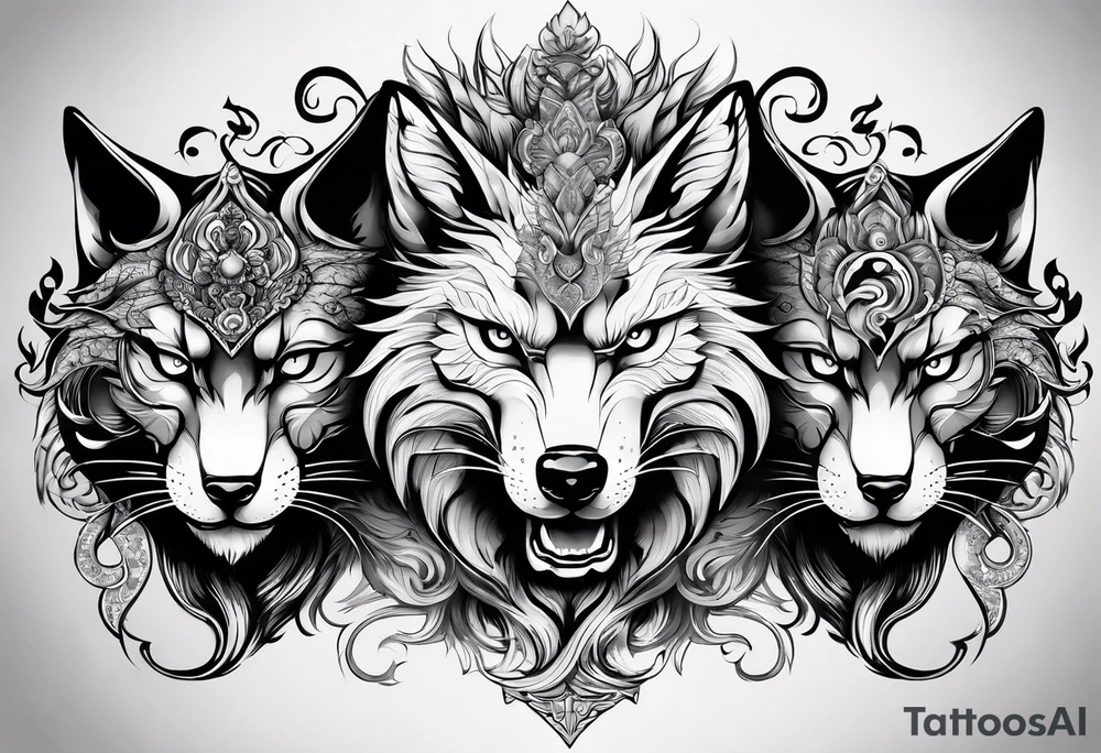 three animal heads merged: 

1. A chinese dragons head (on the left)
2. A Feline cats head(in the middle)
3. A Wolves Head (on the right) tattoo idea