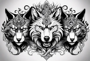 three animal heads merged: 

1. A chinese dragons head (on the left)
2. A Feline cats head(in the middle)
3. A Wolves Head (on the right) tattoo idea