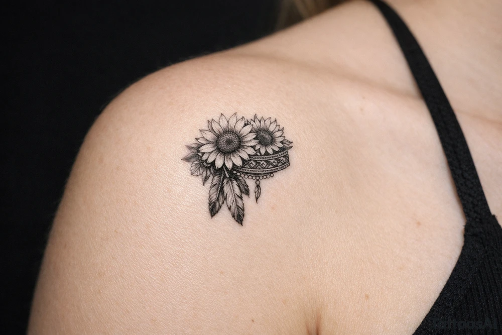 sunflowers with feathers and female Indian headband ribbon tattoo idea