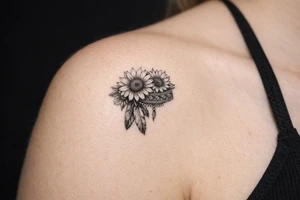 sunflowers with feathers and female Indian headband ribbon tattoo idea