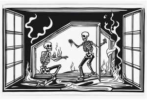 Slow dancing in a burning room but the couple are skeletons dancing and you can see them through a small window in a house on fire tattoo idea