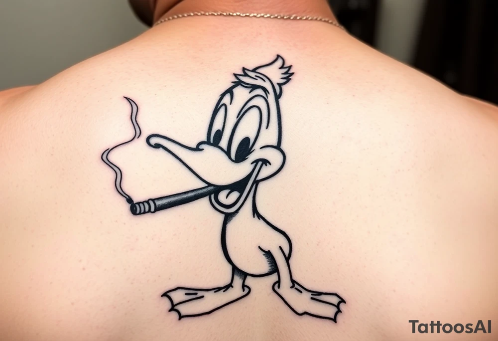 Older Daffy duck smoking a cigar of marijuana tattoo idea