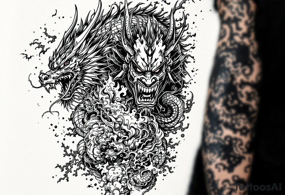 Japanese style with an oni mask, dragon and samurai warrior tattoo idea