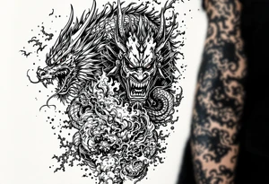 Japanese style with an oni mask, dragon and samurai warrior tattoo idea