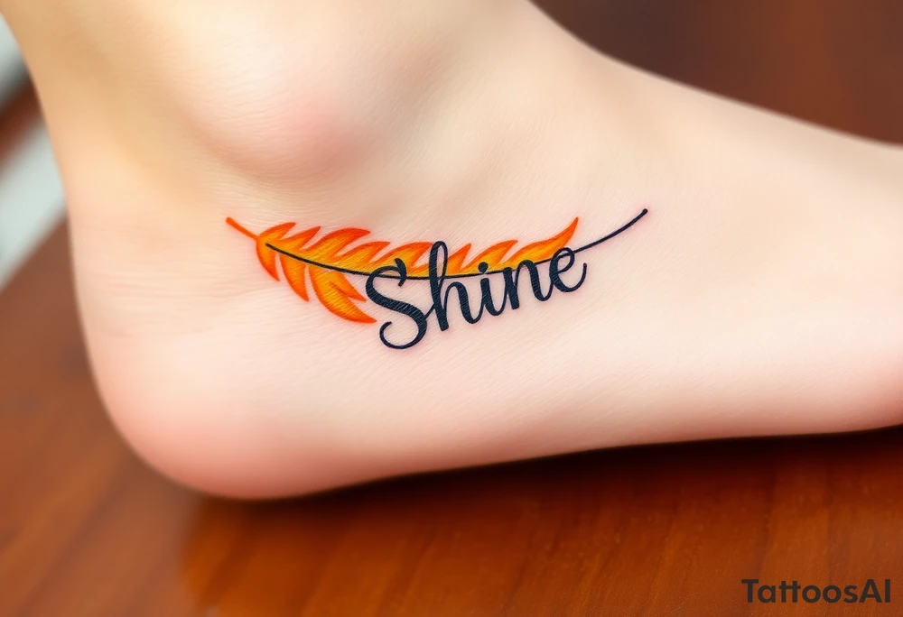 A golden yellow and fiery orange feather with a sunbeam effect, featuring the word "Shine", representing radiance and warmth in a relationship tattoo idea