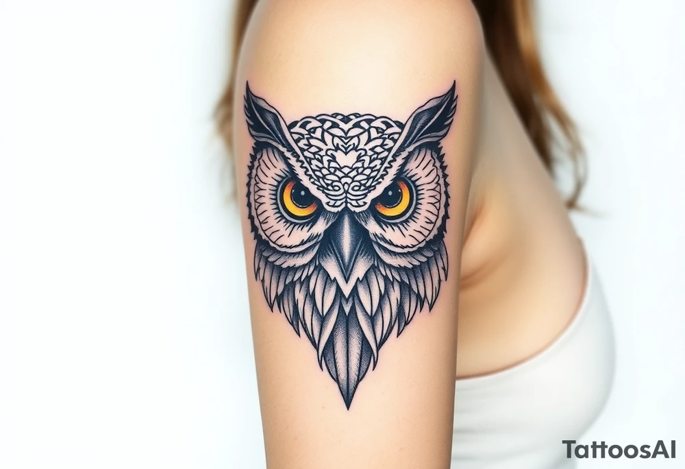 powerful, owl, front facing and piercing eyes tattoo idea