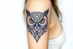 powerful, owl, front facing and piercing eyes tattoo idea