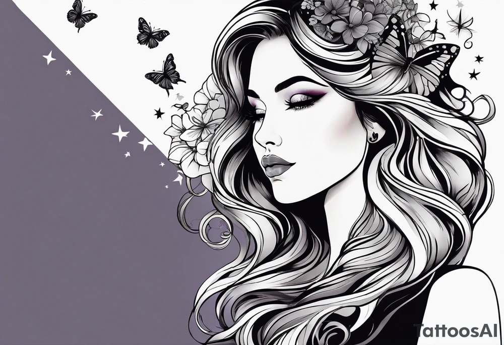 Beautiful woman with butterflies in her long wavy hair sitting on a half moon, with a moon and star background tattoo idea