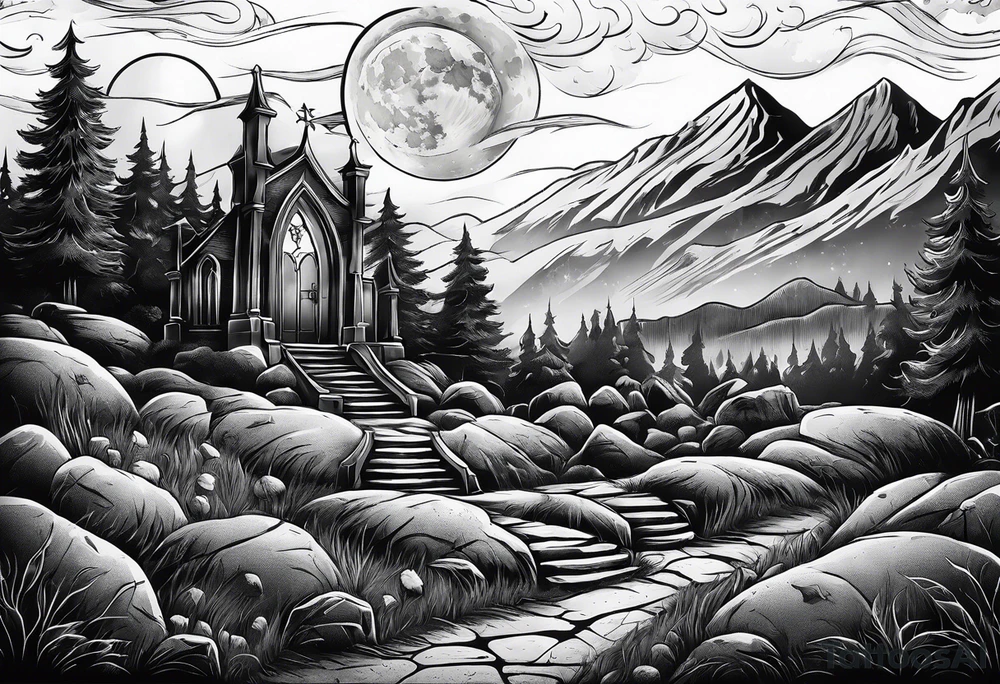 Graveyard with moon and smoke  on hills tattoo idea