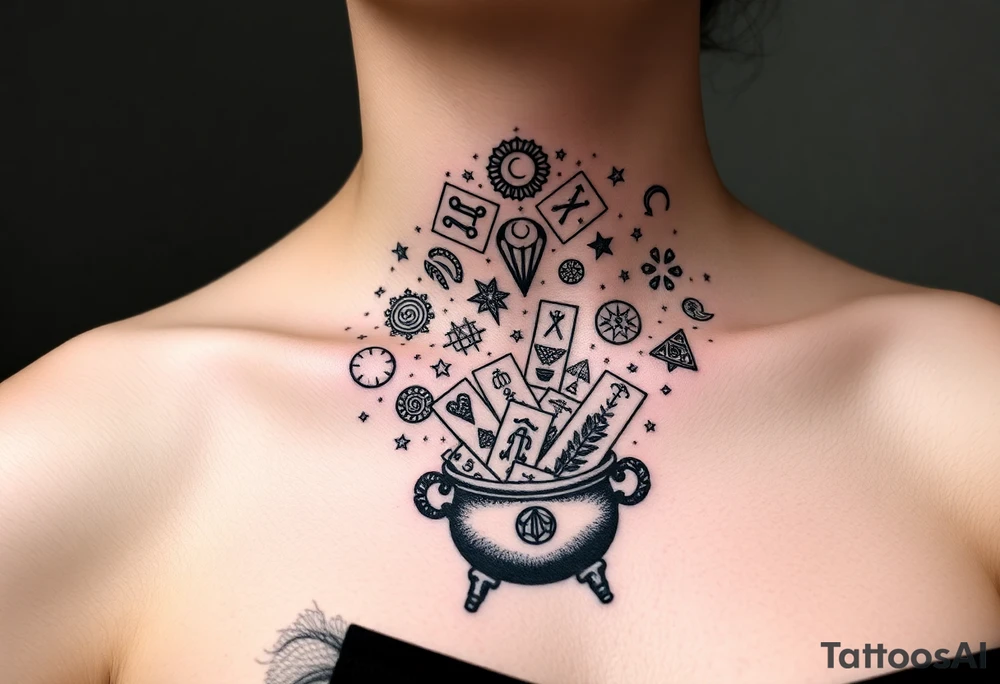 Milky way galaxy filled with zodiac symbols runes tarot cards coming out of a cauldron tattoo idea