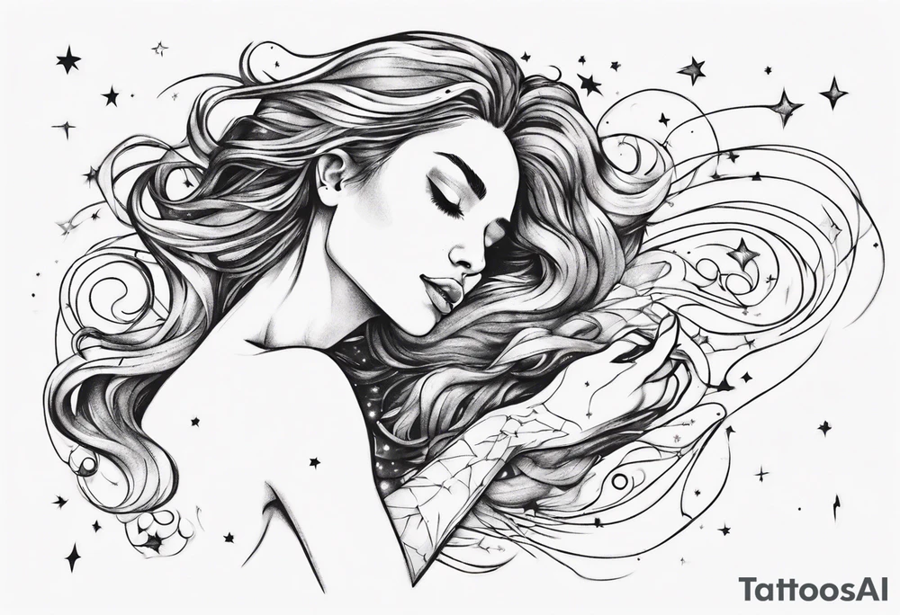 woman laying on her right side with her hair long and slowly fades into stars tattoo idea