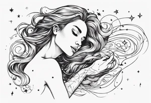 woman laying on her right side with her hair long and slowly fades into stars tattoo idea