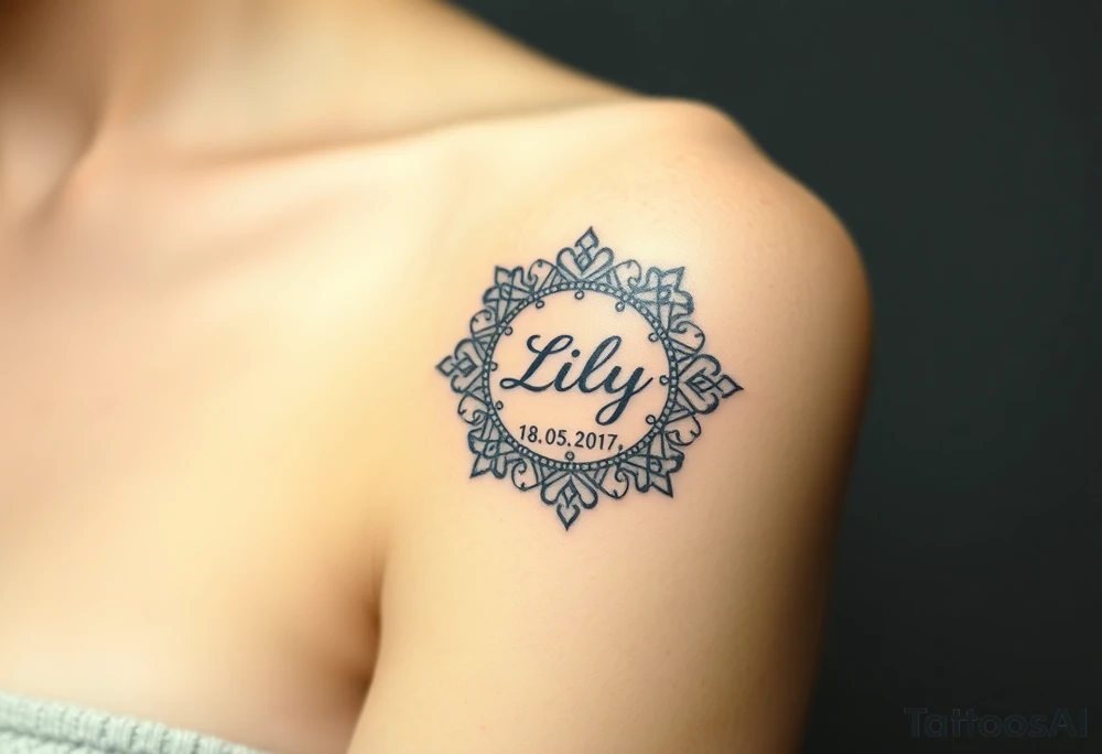 A mandala-inspired clock design, with intricate patterns forming around the child’s name "Lily" and date "18. 05. 2017", in black and gold for a timeless look tattoo idea