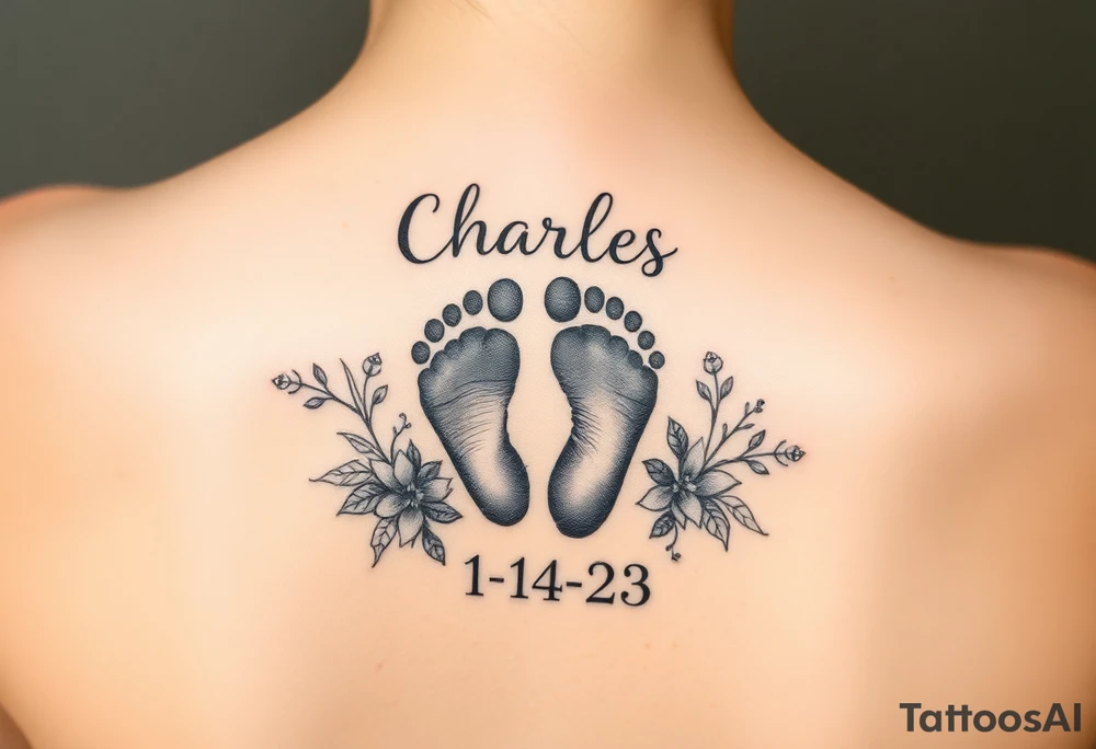 baby footprint print with the name Charles above it, the date 1-14-23 below it and surrounded by floral vines tattoo idea