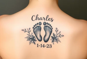 baby footprint print with the name Charles above it, the date 1-14-23 below it and surrounded by floral vines tattoo idea