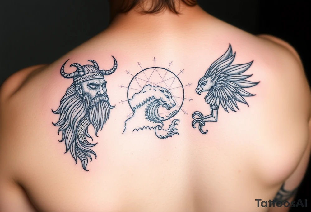 Realism with geographical line art with anubis on right with Odin on the left with ocean art in middle for back tattoo idea