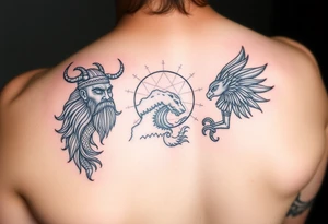 Realism with geographical line art with anubis on right with Odin on the left with ocean art in middle for back tattoo idea