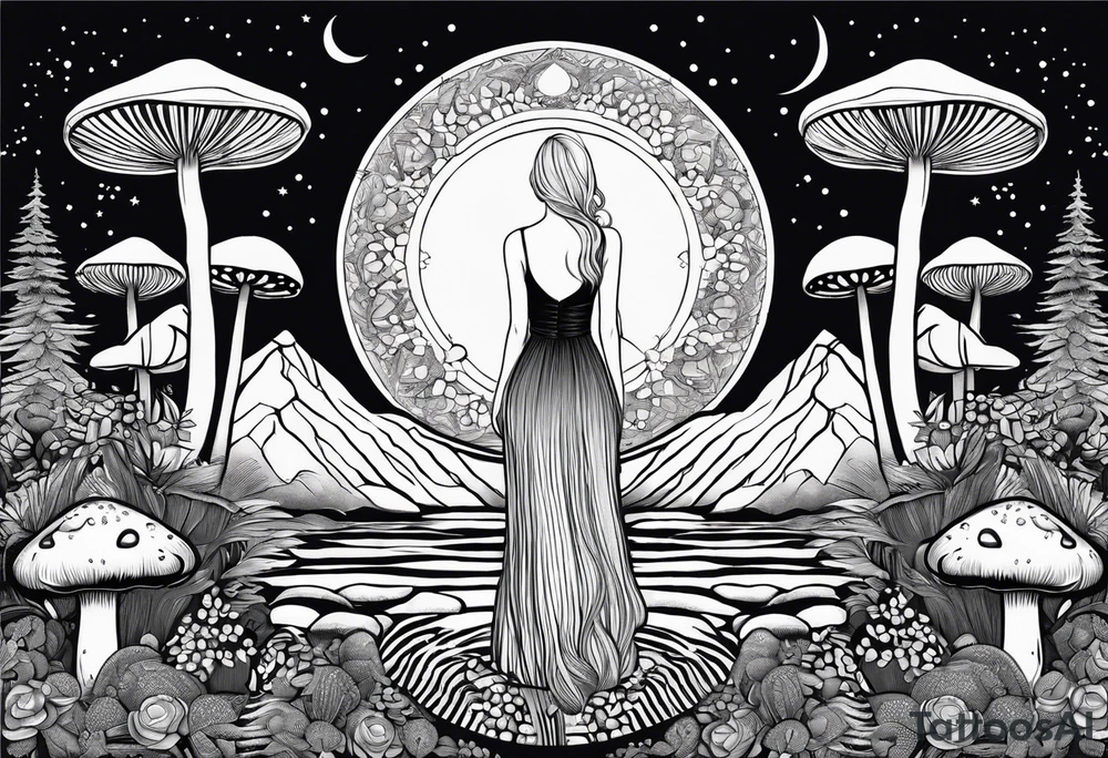 Straight blonde hair girl facing away toward mountains surrounded by mushrooms crescent moon mandala circular design black and white striped dress figure 8 tattoo idea