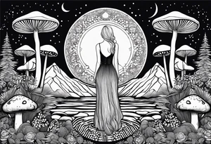 Straight blonde hair girl facing away toward mountains surrounded by mushrooms crescent moon mandala circular design black and white striped dress figure 8 tattoo idea