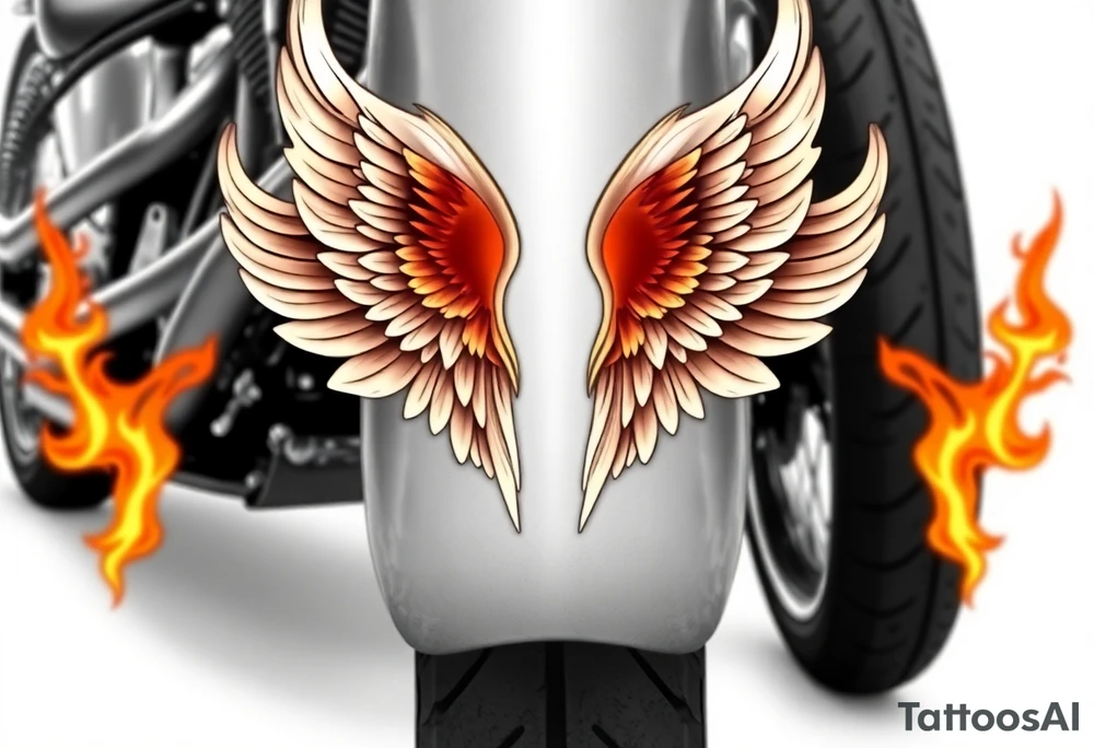 Low rider grey motorcycle, big muffler pipes with flames, angel wings tattoo idea