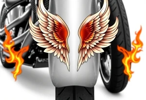 Low rider grey motorcycle, big muffler pipes with flames, angel wings tattoo idea