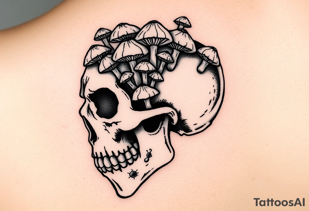 right side of a skull with lots of mushrooms  growing out of its eyes like the clicker from The Last Of Us tattoo idea