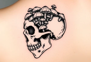 right side of a skull with lots of mushrooms  growing out of its eyes like the clicker from The Last Of Us tattoo idea