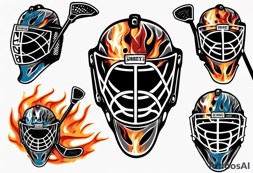 goalie mask with crossed hockey sticks and flames that says "SHOT HOCKEY" tattoo idea