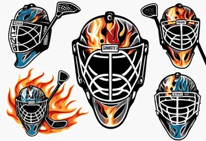 goalie mask with crossed hockey sticks and flames that says "SHOT HOCKEY" tattoo idea
