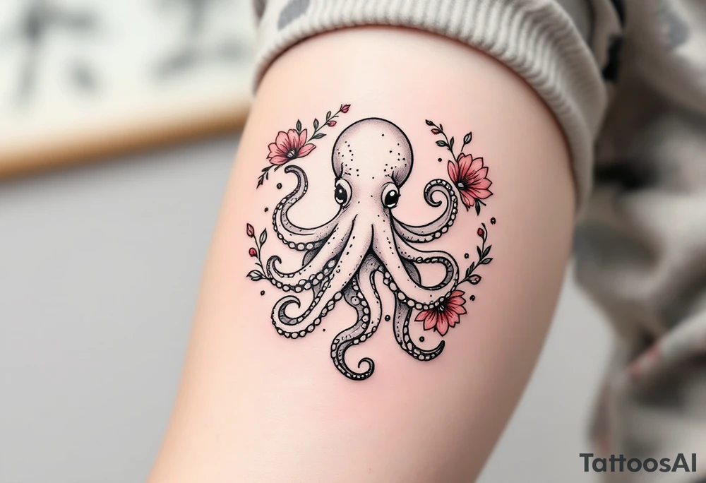A small realistic black and grey tattoo of an octopus, cute, with detailed shading and soft linework, showing the octopus with swirling tentacles, on light skin. ornamental flowers around with red ink. The style is minimalistic and elegant, resembling fine-line tattoo with a shadow tattoo idea