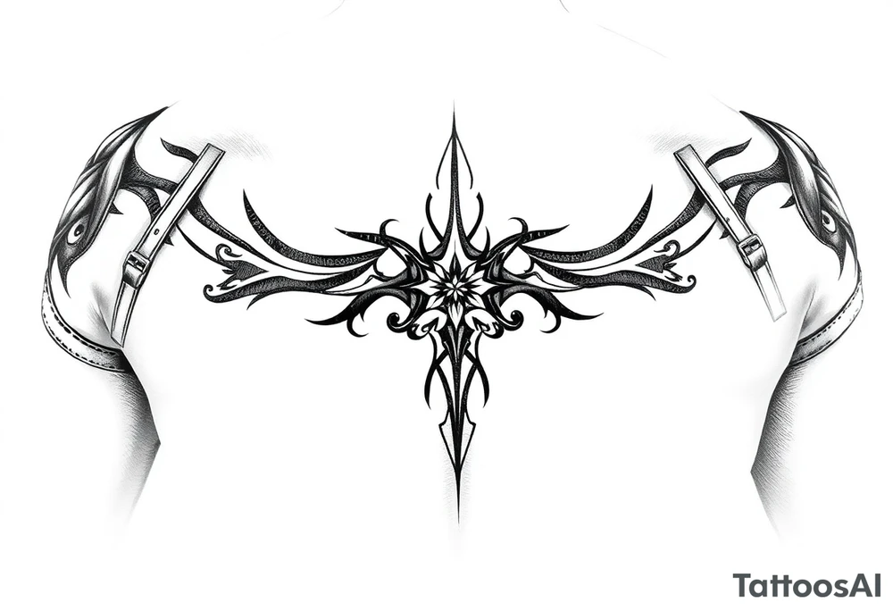 straps around arms and shouldrs with tribal design tattoo idea