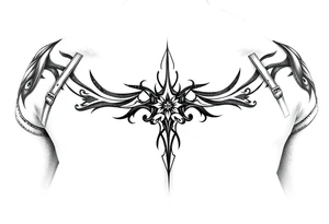 straps around arms and shouldrs with tribal design tattoo idea