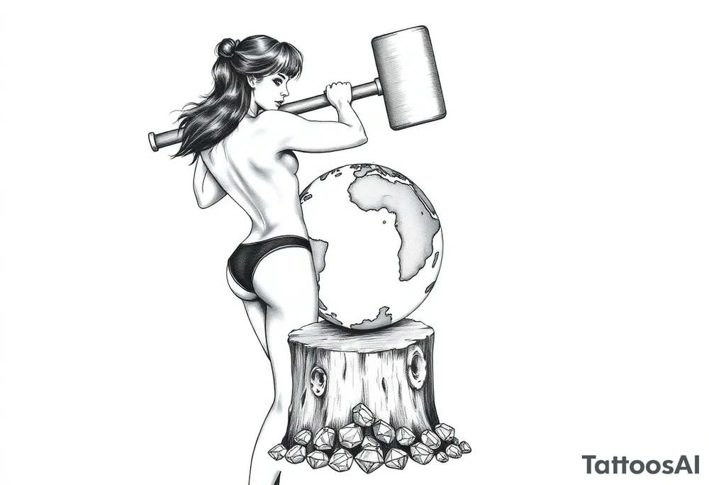 pin up girl wearing a g string thong, the pin up girl is swinging a very large headed mallet onto a small version of the earth globe, the earth globe is on top of a tree stump, the earth globe is in contact with the  mallet and being compressed by the mallet, and at the base of the stump is a pile of diamonds. Her short shorts are not covering her butt all the way. She is facing me with her breast bare and out. tattoo idea