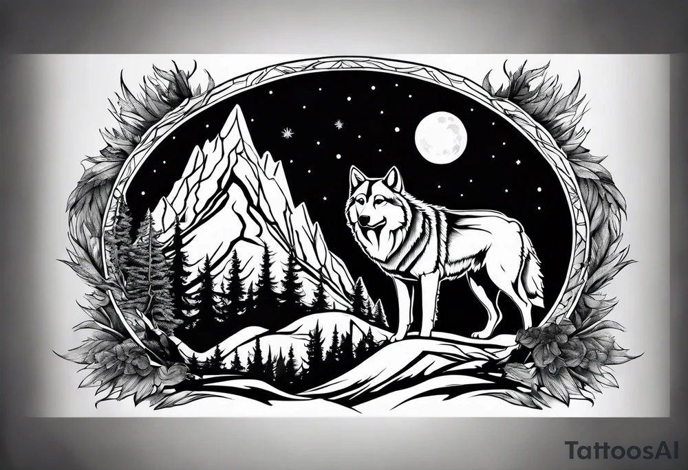 Mountain peaks
Two wolves
Moon
Dark woods
Trail tattoo idea