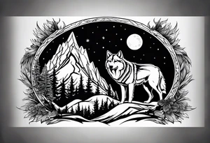 Mountain peaks
Two wolves
Moon
Dark woods
Trail tattoo idea