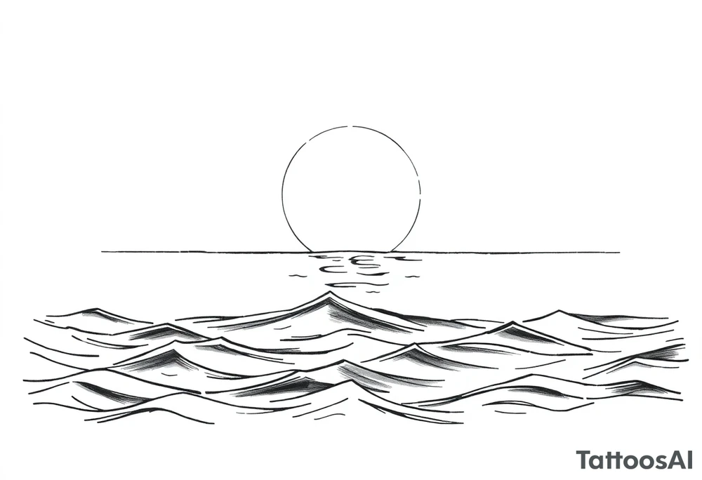 Black and white tattoo design, marine theme. Calm sea waves with a clear horizon line. Above the horizon, a large sun or moon glowing softly, with subtle Norse runes (Algiz, Raido) blended into the light. Minimalistic, elegant, not aggressive, not too masculine or feminine. Line art style, suitable for forearm tattoo. tattoo idea
