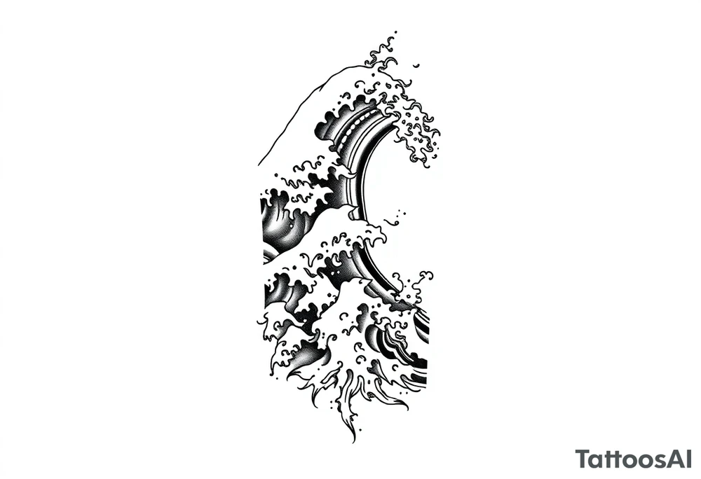 Blackwork tattoo design of flowing Japanese water waves, bold lines, traditional style, minimal background, dynamic movement, vertical composition for forearm tattoo idea