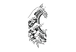 Blackwork tattoo design of flowing Japanese water waves, bold lines, traditional style, minimal background, dynamic movement, vertical composition for forearm tattoo idea