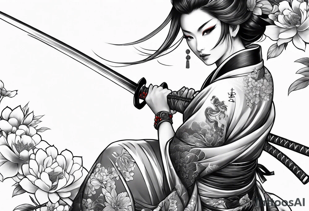 samuri with katana on top of a japanese beauty female tattoo idea